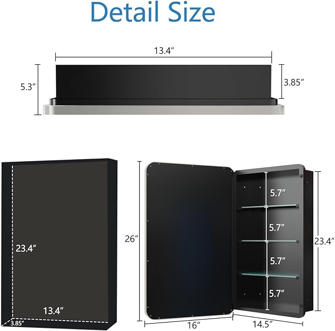Bathroom Medicine Cabinet,16"x26" Mirror Door with Stainless Steel Brush Nickel Frame,Recessed & Surface Wall Cabinet with Glass Shelves, Rust-Resistant Bathroom Storage Cabinet