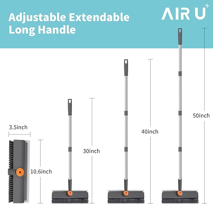 AIR U+ Floor Scrub Brush with Long Handle, Household Cleaning Brush with Right Angled Bristle & Scraper, 360° Swivel Heads, Shower Scrubber for Patio Bathroom Garage Kitchen Wall Deck Tile