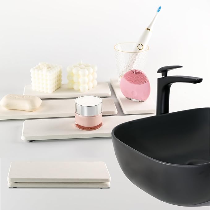 2 Pcs Water Absorbing Stone Trays, Kitchen/Bathroom Sink Soap Dish, Diatomite Tray Used for Hand Soap & Cosmetic Bottles in The Modern Home, 3.15" W x 8.7" L, White