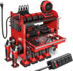 KSVO Power Tool Organizer Wall Mount with Drill Rack & Locking Drawers - Heavy Duty Metal Tool Shelf for Garage, Workshop, Shed, Basement Tool Organization - Gift for Men/Father (Red)