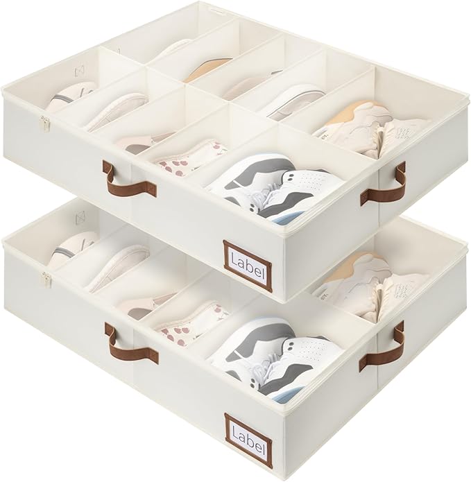 StorageWorks Under Bed Shoe Storage for Closet, 2-Pack Ultra-thick Fabric Shoe Organizer, Collapsible Shoes Containers with Bottom Support, Fits up to 24 Pairs, Beige