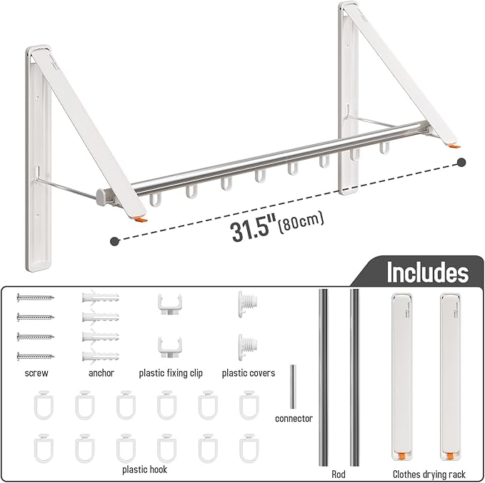 Clothes Drying Rack Retractable, Wall Mounted Clothes Hanger Rack for Laundry Room, Laundry Drying Rack with Clothes Rod Space Saving Closet Organizer Aluminium (White, 2P)