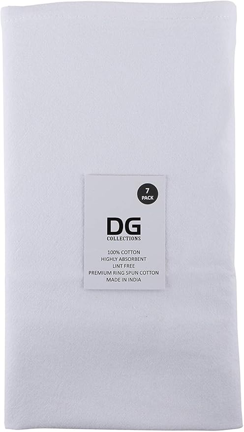 DG Collections 100% Cotton Flour Sack Towels – 7 Pack, 33x38 Inches, White, Lint-Free, Pre-Washed, Hemmed Edges – Reusable Kitchen Towels for Cleaning, Embroidery, Printing & Crafts - White