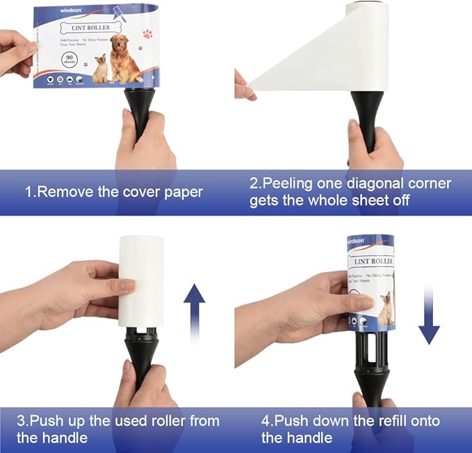 windson 900 Sheets/10 Refills Lint Rollers for Pet Hair Extra Sticky - Cat Dog Hair Lint Remover, Sticky Tape Roller for Clothes, Furniture, Carpet, Couch