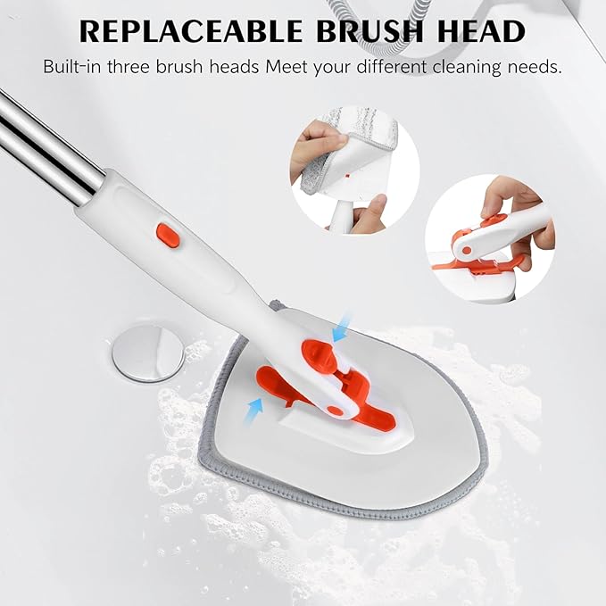 SetSail 4-in-1 Tile Tub Floor Scrubber with 52-inch Adjustable Long Handle Shower Cleaner Brush Comes with Window Scrubber and 3 Replacement Brush Heads for Cleaning Bathroom Kitchen Tub Tile,Orange