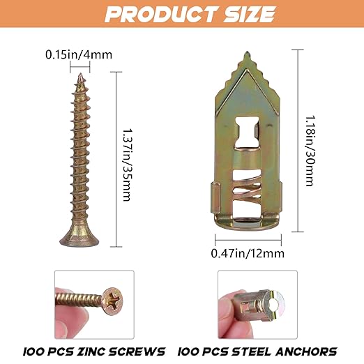 200P Self Drilling Drywall Anchors Screws Kit, 100 Anchors and 100 Screws for Heavy Duty, Upgraded Zinc Plated Steel,No Drill Needed,Perfect for TV, Bike, Shelf Straps, Cabinet & Fixing Curtains (200)