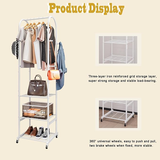 Clothes Rack With Wheels and 3-Tier Metal Shelves,Clothing Rack For Hanging Clothes With 4 Hooks,Garment Rack Wardrobe Organizer for Small Space,Black (white, 16.54 * 18.23 * 72.05)