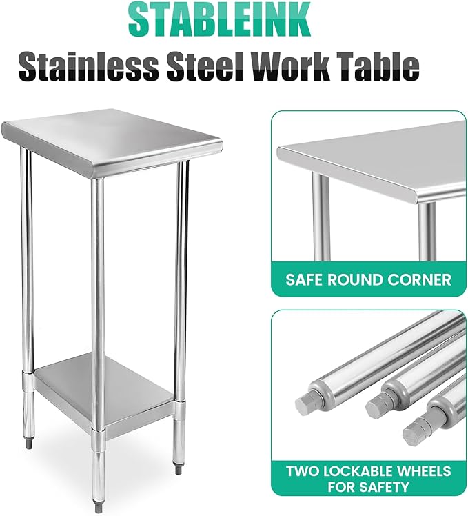 STABLEINK NSF Stainless Steel Table, 24 x 12 Inches Metal Prep & Work Table with Adjustable Undershelf, for Commercial Kitchen, Restaurant, Hotel and Garage