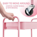 TOOLF 3-Tier Metal Rolling Cart with Wheels, Storage Utility Organizer Cart for Kitchen, Bathroom, Office, Baby Essentials & Makeup - Lockable Casters, Easy Assembly, Large Capacity, Pink
