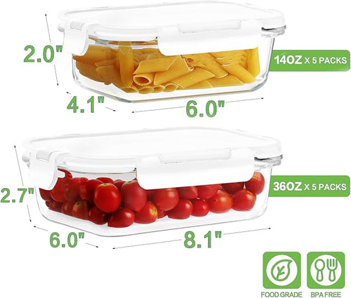 10 Pack Borosilicate Glass Meal Prep Containers with Locking Lids, Glass Food Storage Containers Set, Airtight Lunch Bento Boxes, BPA-Free & Leak Proof, 36oz & 14oz, Freezer, Oven Safe-White