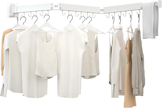 Clothes Drying Rack, Laundry Drying Rack Wall Mount, 3-Fold Wall Mounted Clothes Drying Racks for Hanging Clothes, Foldable & Sturdy Space Saver for Laundry Room -White