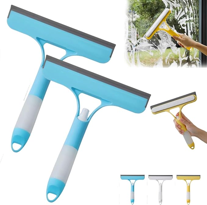 3 in 1 Window Cleaning Scraper, 2025 New Multi-Function Glass Cleaner Squeegee Tool for Shower Glass, Tile, Mirror Cleaning, All-Purpose Spray Function Brush with Ergonomic Handle (Blue*2)