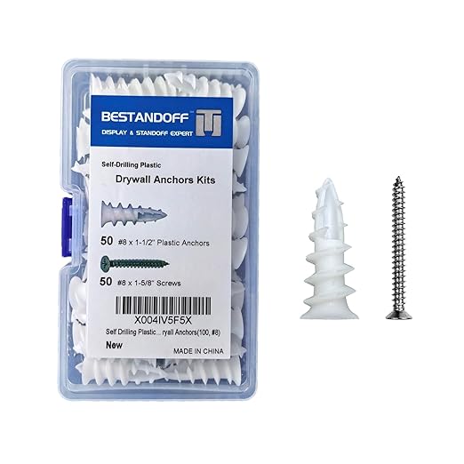 Self Drilling Plastic Dry Wall Anchors, drywll acchors with Stainless Steel Screws Assortment Kit 100PCS, 50 Plastic Anchors and 50 Flat Head Screws, Drywall Anchors(100, #8)