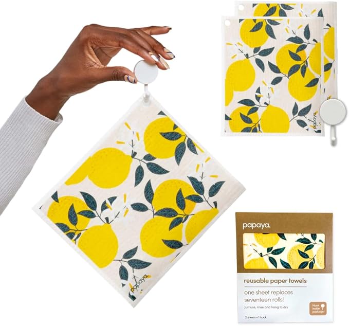 Papaya Reusable Paper Towels 2-Pack - 2 Sheets + 1 Hooks, Quick Drying, No Odor, 1 Sheet Replaces 17 Rolls, Washable Kitchen Cloth, Sustainable Dish Sponge, Eco Friendly Gift