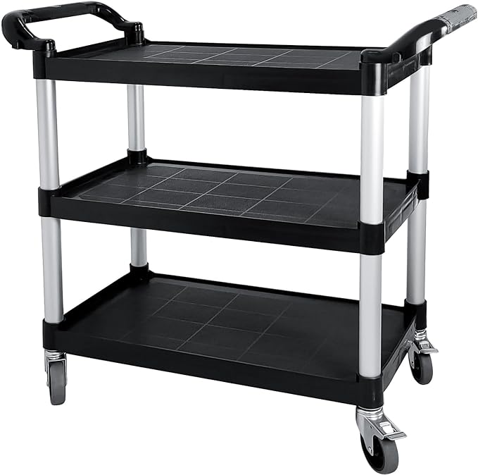 Plastic Utility Cart with Wheels, 3 Tier Rolling Cart with Lockable Wheels, Heavy Duty 510lbs Capacity Food Service Cart for Office, Restaurant, Kitchen, Home, Warehouse