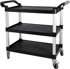 Plastic Utility Cart with Wheels, 3 Tier Rolling Cart with Lockable Wheels, Heavy Duty 510lbs Capacity Food Service Cart for Office, Restaurant, Kitchen, Home, Warehouse