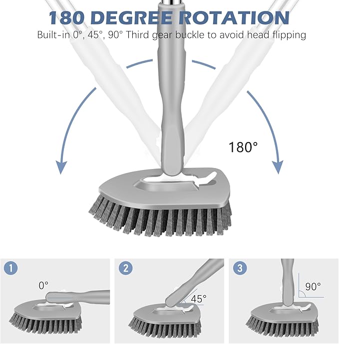 SetSail Floor Scrub Brush, 3-In-1 Tile Tub Floor Scrubber with 52-inch Adjustable Long Handle Shower Cleaner Brush and 4 Detachable Replacement Brush Heads for Cleaning Bathroom Kitchen Tub Tile, Grey