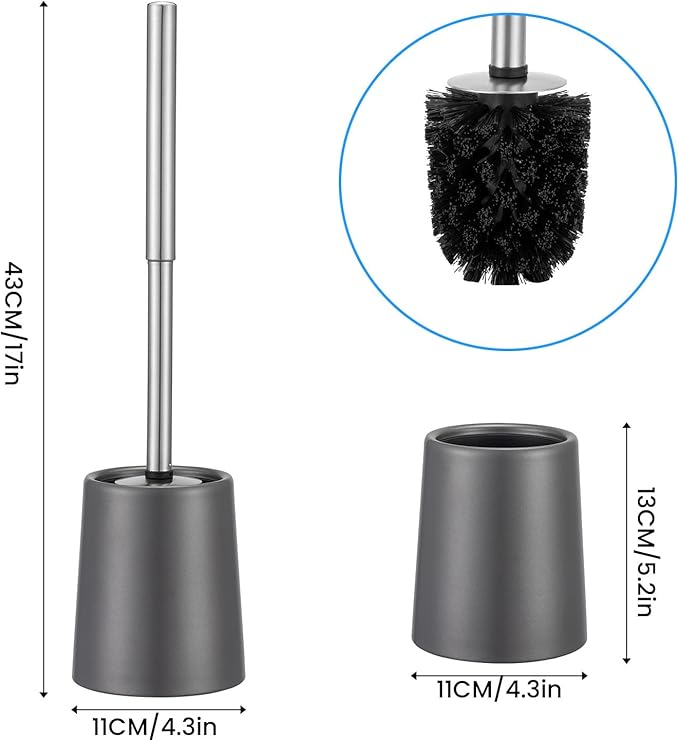 Toilet Brush and Holder Case Coated Metal Case and Stainless Steel Handle Toilet Cleaning Brush Double Layer Holder Long Brush Handle High Density Bristles Toilet Bowl Brushes Grey