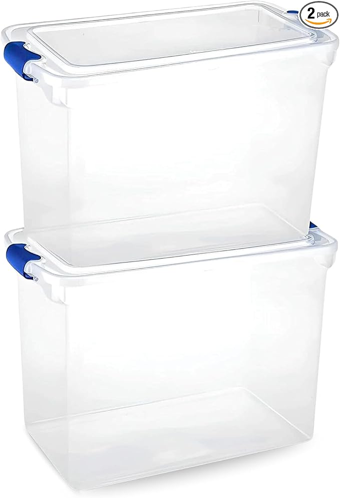 HOMZ 2-Pack Latching Lid, Clear Plastic Storage Organizer Bins, 112 Quart, Blue Latch - Stackable Organizing Containers for Home, Garage, and Office