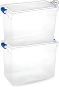 HOMZ 2-Pack Latching Lid, Clear Plastic Storage Organizer Bins, 112 Quart, Blue Latch - Stackable Organizing Containers for Home, Garage, and Office