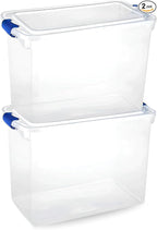 HOMZ 2-Pack Latching Lid, Clear Plastic Storage Organizer Bins, 112 Quart, Blue Latch - Stackable Organizing Containers for Home, Garage, and Office