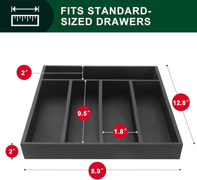 Small Silverware Organizer Utensil Tray 13"x9" Kitchen Drawer Organizers and Storage Wooden Utensil Holder Drawers Divider Narrow Black Cutlery Tray for Spoon Forks Bamboo Flatware Cutlery Organizer