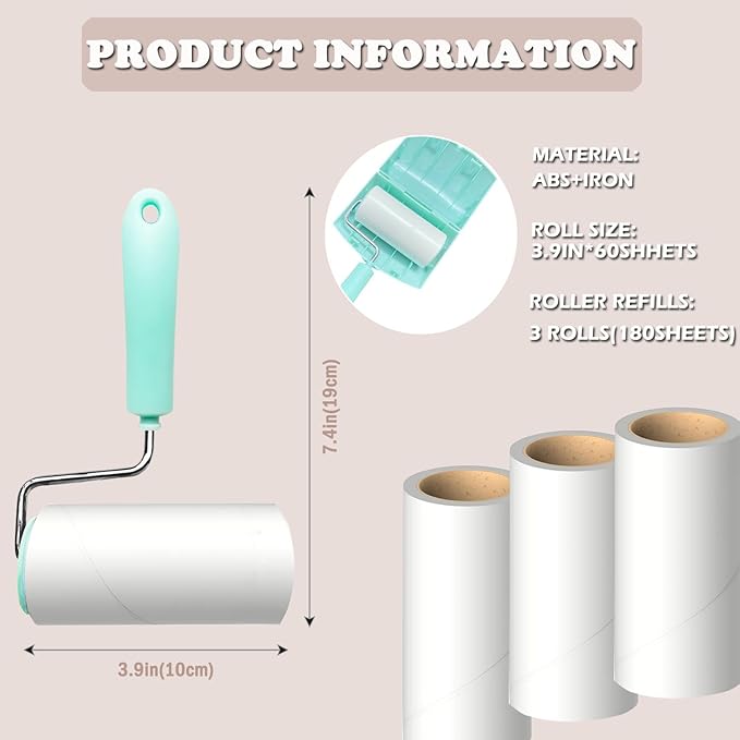 Lint Roller Remover with 180 Sheets, Pet Hair Remover Extra Sticky Roller Hair Dust Remover for Clothes, Furniture, Travel Household 1 Handle+3 Rollers Dog &Cat Hair Removal (Green)