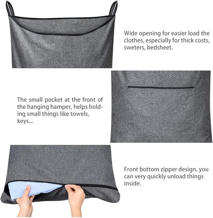XL Hanging Hamper, Over The Door Hamper with Free Hanging Hooks, Space Saving Over Door Laundry Bag and Laundry Basket for Storage, 2 Pack, (36x22Inch Pop Heather Grey)