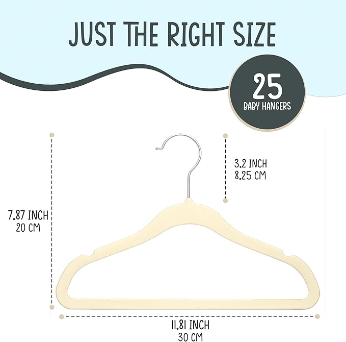 TechZoo 25 Premium Baby Velvet Hangers - 11.8 Inches Non-Slip & Ultra-Slim Baby Hangers for Space-Saving & Children Clothes - 360 Swivel Hook, Strong & Durable Infant & Toddler Clothes Hanger - Beige