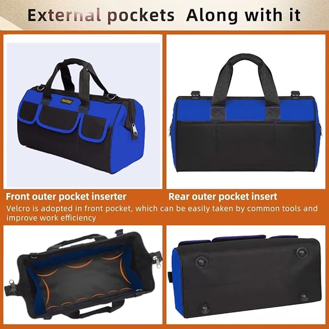 FASTECH 20 Inch Heavy Duty Tool Bag with Wide Mouth for Tool Storage,Carrier and Organizer,Tool Bag for Men/Women, Wide Mouth Tool Bag with Inside Pockets (20 Inch)
