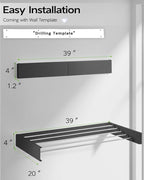 Wall Mounted Clothes Drying Rack 40", Foldable Wall Mount Laundry Rack Folding Indoor, Drying Rack Clothing Collapsible, Hidden Space Saver with Wall Template, 6 Rods, Black