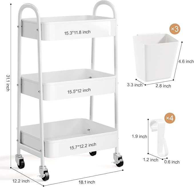3 Tier Heavy Duty White Metal Rolling Cart with Lockable Wheels, Three Tier Roller Book Snack Cart, Utility Storage Organizer Carts for Kitchen, Bathroom, Garage, Baby Diaper, Craft, Art, Teacher