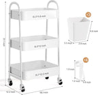3 Tier Heavy Duty White Metal Rolling Cart with Lockable Wheels, Three Tier Roller Book Snack Cart, Utility Storage Organizer Carts for Kitchen, Bathroom, Garage, Baby Diaper, Craft, Art, Teacher
