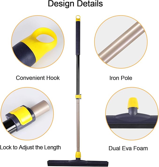 Yocada Floor Squeegee Scrubber Adjustable Telescopic Pole Heavy Duty Household Broom EVA Foam Blade for Garage Courtyard Shower Bathroom Floor Marble Glass Tile Water Foam Cleaning