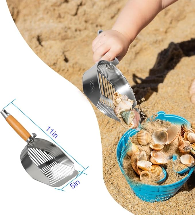 Stainless Steel Beach Sand Sifter, 2 PCS Long Beach Sifting Sand Connectable Pole Sets with Scoops, Baskets, Mesh Bag, for Picking Up Shells Shovels Shark Teeth