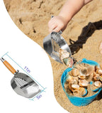 Stainless Steel Beach Sand Sifter, 49.5in Long Beach Sifting Sand Connectable Pole Sets with Scoops, Baskets, Mesh Bag, for Picking Up Shells Shovels Shark Teeth