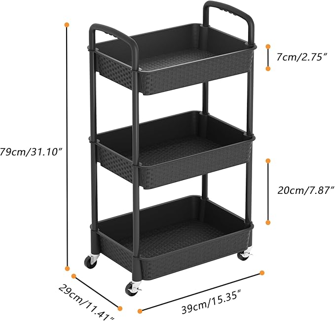 MOYIPIN 3-Tier Plastic Rolling Utility Cart with Handle,Utility Storage Cart for Office, Living Room, Kitchen,Movable Storage Organizer Shelves,Black