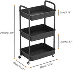 MOYIPIN 3-Tier Plastic Rolling Utility Cart with Handle,Utility Storage Cart for Office, Living Room, Kitchen,Movable Storage Organizer Shelves,Black