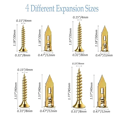 80 Pcs Self-Drywall Dilling Anchors Screws with 4 Different Expansion Sizes Screw Set, Zinc Plated Steel Dry Wall Screws no Drilling Required, Easy to Install