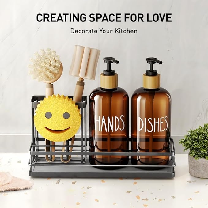 Moforoco Kitchen Dish Soap Dispenser Set, 16OZ Glass Bottle, Hand and Dish Soap Dispenser Set, Instant Dry Tray, Non-Slip Silicone Pad, Brush Holder with Sponge Holder, Kitchen Decor（Amber Bottle）