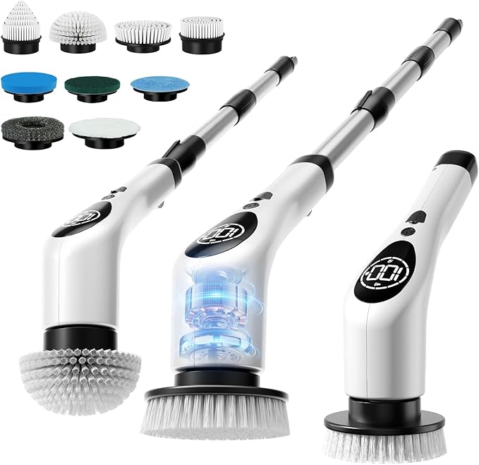 Electric Spin Scrubber,Cordless Cleaning Brush,Shower Scrubber with 9 Scrub Brush,3 Speed,Adjustable Extension Handle,Power LED Display, Voice Broadcast,Power Scrubber for Bathroom Kitchen Cleaning