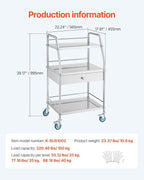 VEVOR Service Cart, 3 Layers Stainless Steel Utility Rolling Cart with Drawer, Lockable Wheels, Ideal for Laboratory, Hospital, Dental Use