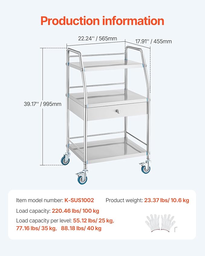 VEVOR Service Cart, 3 Layers Stainless Steel Utility Rolling Cart with Drawer, Lockable Wheels, Ideal for Laboratory, Hospital, Dental Use