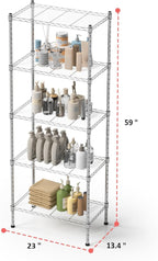 5 Tier Shelving Unit, 176 LBS Per Shelf Height Adjustable Narrow Storage Shelves, Heavy Duty Metal Garage Metal Shelves for Kitchen, Restaurant, Pantry, Laundry, 23"x 13.4"x 59", Chrome