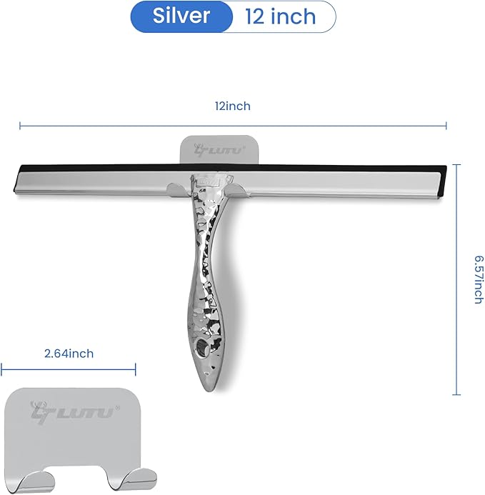 12" Silver Shower Squeegee with Hammered Handle & Waterproof Hook for Glass Doors, Silicone Bathroom Tile Wall and Car Window - Streak-Free Handheld Squeegee
