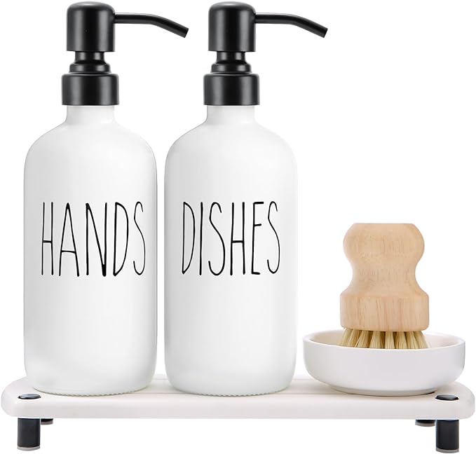 MOMEEMO White Soap Dispenser Set Comes with Stainless Steel Pumps, Instant Dry Tray, and Dish Scrub Brush, Suitable for Kitchen Accessories and Farmhouse Decor. (White)