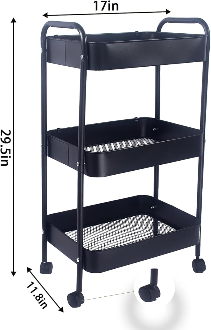 XIUSHE 3-Tier Metal Utility Cart Rolling Storage Organizer, Portable and Sturdy, with Wheels, Ideal for Office, Kitchen, Bathroom, Classroom, and More, Black