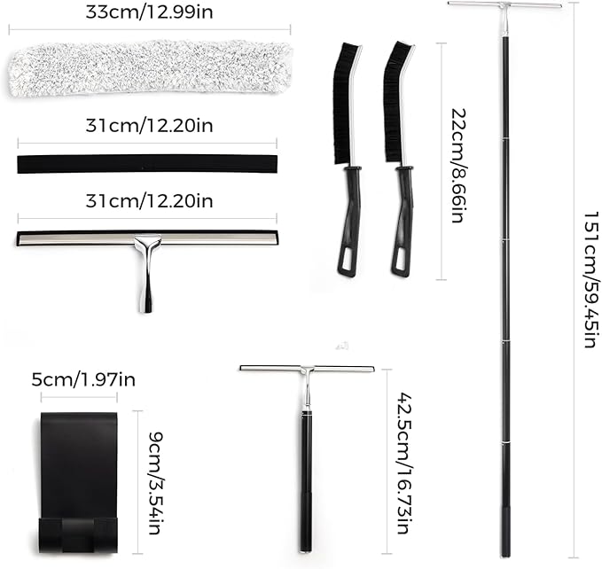 59.5" Long Handle Window Squeegee with Extension Pole, 12.4" Wide Metal Shower Squeegee for Glass Doors, Floor Squeegee for Home Window Cleaning, Tile Wall, Car