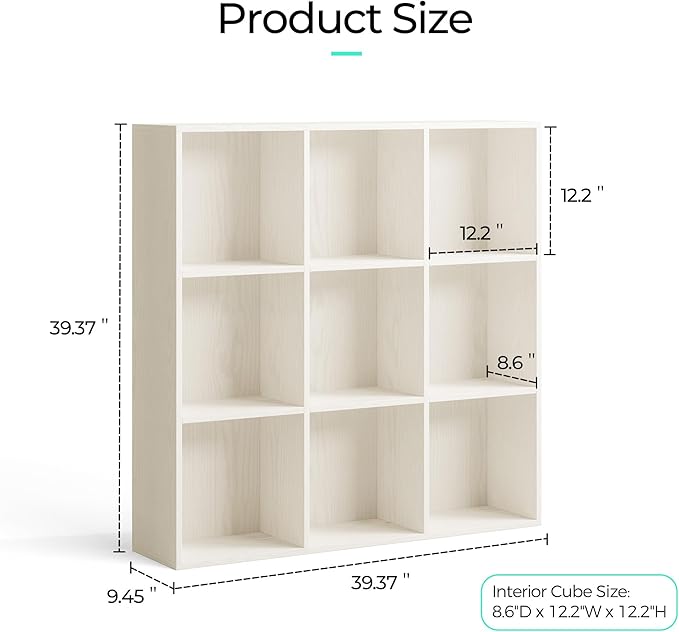 LINSY HOME Cube Storage Shelf, 3 Tier Floor Standing Book Shelf with Storage, Open Freestanding 9-Cube Bookcase Small, White Wooden Bookshelf for Home Office, Bedroom, White Oak