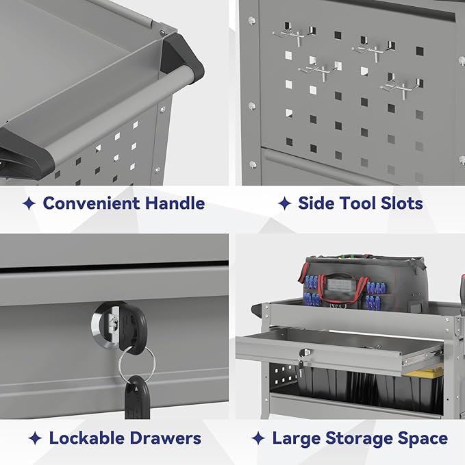3 Tier Rolling Tool Cart with Drawer, 450 LBS Heavy Duty Utility Cart on Wheels, Service Cart for Garage, Workshop and Warehouse (Gray)